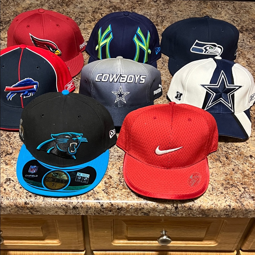 8 NFL Team Hats — Cardinals, Bills, Panthers, Cowboys, Seahawks & More.